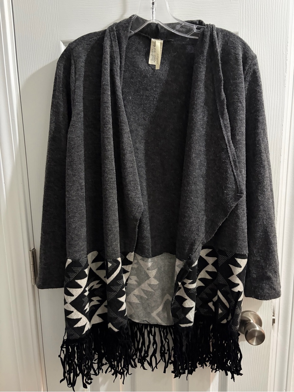 Open-Front Charcoal Hooded Fringe Cardigan with Aztec Hem